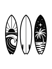 Surfboard Silhouettes Set. Ocean Wave Sunset Palm Tree Beach Vacation Travel Board Designs