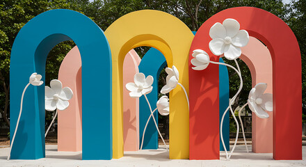 Vibrant arched sculptures with white floral accents create a whimsical outdoor art installation.