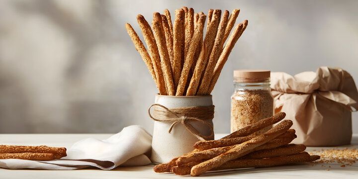 Creative food template Fresh baked Thin crisp Italian breadsticks Grissini with toasted white sesame seeds in ceramic rustic jar, with warm natural light shadow shining. copy text space