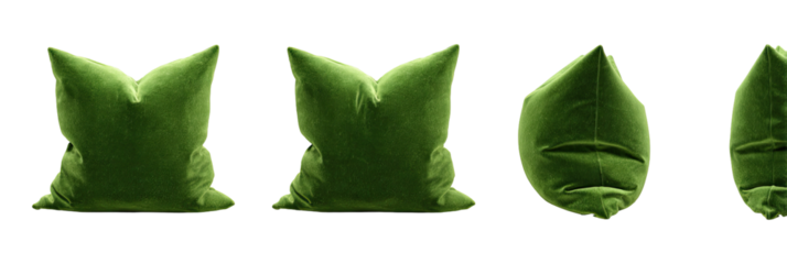 Four lime green velvet cushions, various shapes