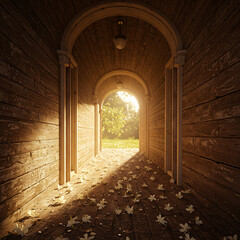 A long wooden hallway with arched doorways leading to a bright outdoor garden, illuminated by warm sunlight and scattered with fallen leaves.