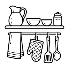 Kitchenware shelf with hanging utensils and towels line art illustration, culinary pitcher bowls and jars