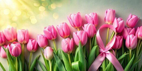 Obraz premium A Delicate Bouquet of Pink Tulips with a Gentle Pink Ribbon, Symbolizing Hope and Resilience