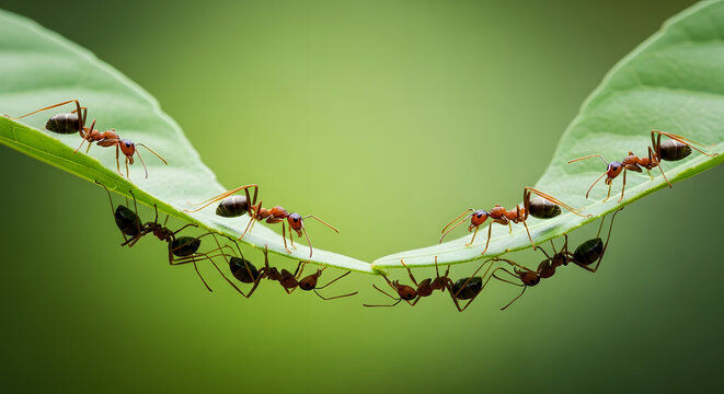 Several ants linking together to form bridge between leaves