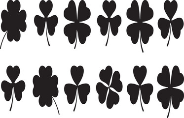 Collection of black shamrock silhouettes various poses and angles symbolizing luck and st patrick's day vector