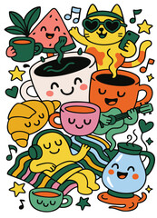 Naklejka premium Cheerful cartoon breakfast scene with coffee, croissant, fruit, cat, and music notes