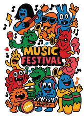 Music festival cartoon colorful happy dancing singing playing instrument joyful