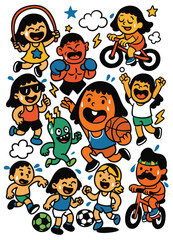 Children playing basketball, soccer, cycling, skipping rope, boxing, and running, joyful