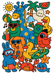 Fototapeta premium Summer animal cartoon giraffe bear dog duck parrot beach happy colorful playful