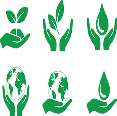 Green hands caring for nature icons earth water plants environment protection symbol set vector