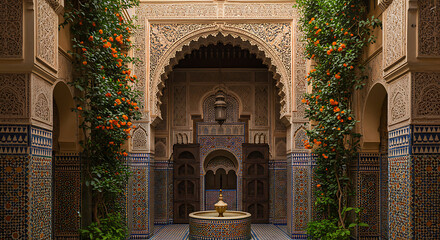 A tranquil Moroccan riad courtyard with a central fountain, intricate tilework, and climbing orange flowers.