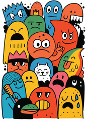 Colorful cartoon characters, expressive faces, group, playful, doodle style, emotional, fun