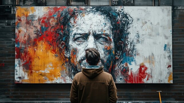 Man Admiring Abstract Portrait Painting on Brick Wall