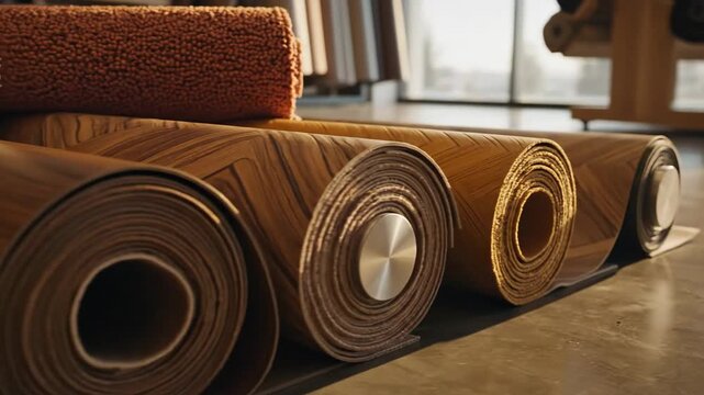 Rolled Vinyl Flooring and Carpet - A close-up shot reveals several rolls of vinyl flooring with a wood grain pattern, alongside textures carpet rolls.