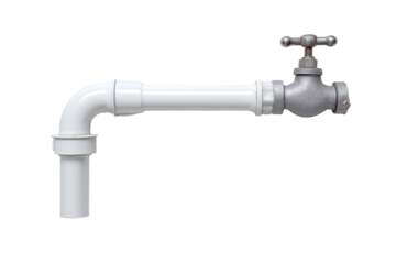 White PVC pipe elbow connected to a gray metal faucet