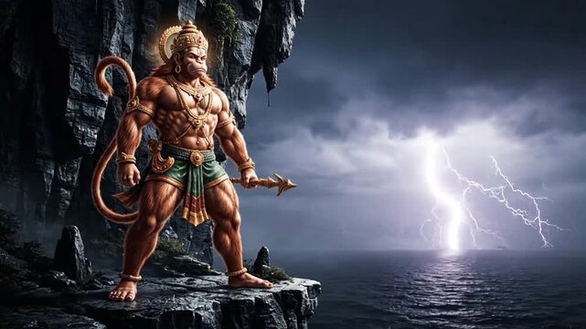 dramatic hanuman hero on cliff edge with lightning
