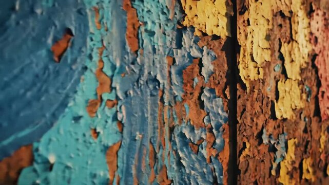 Abstract Close-Up of Decaying Paint - A close-up shot reveals heavily cracked and peeling paint in hues of yellow, red, and blue, creating an abstract and textured surface.