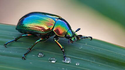 Ultra HD Macro of Iridescent Beetle on Dew-Covered Leaf in Morning Light