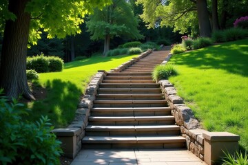 Obraz premium Rustic stone staircase leading to upper lawn area, outdoor living space, lawn