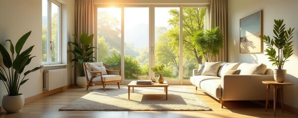 Obraz premium Sunlit room with large windows and comfortable furniture, glass walls, furniture