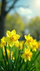 Fototapeta premium Bright yellow daffodils blooming in a vibrant spring meadow , flower, sunshine