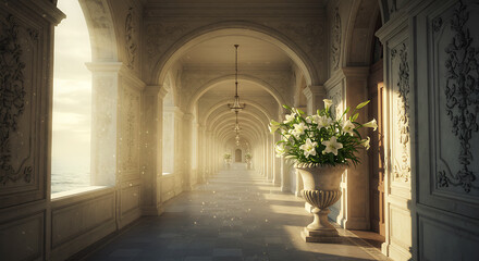 Elegant hallway with white lilies and light streaming through windows.