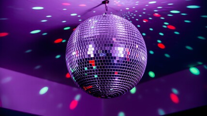 Disco ball reflecting colorful lights on purple ceiling