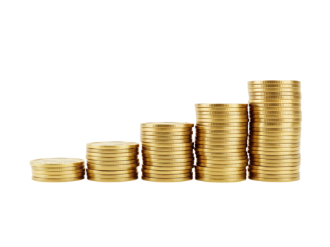 Stacks of gold coins arranged in ascending order isolated on transparent background