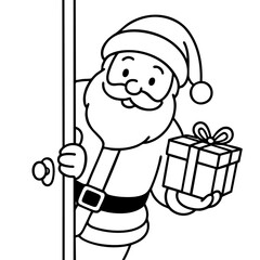 Black and white drawing of Santa Claus holding a gift. He is standing in front of a door