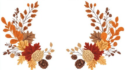 Autumn leaves and pine cones frame.