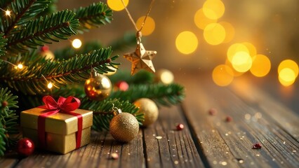 Christmas tree decorated with balls, stars, gift box in red and gold colors on blurred garland lights background. New year card with empty text place. Gift certificate mockup design. Greeting card