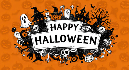 Vector illustration of "Happy Halloween" greeting text, retro style, hand-drawn doodle collage, spooky icons : jack-o-lantern pumpkins, ghosts, skulls, black cats, haunted house - party invitation