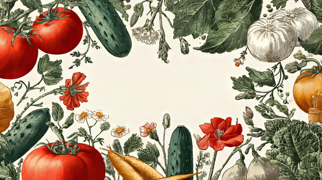 Frame of vegetables: cucumber, tomato, pepper, onion, garlic. Healthy food, Vegan or Harvest concept. Hand sketched World Vegan day text