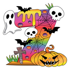 Halloween Number Seven Vector Art with Spooky, Pumpkin, Ghost, spiderweb  and Skulls.