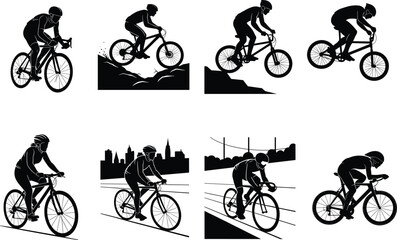 Fototapeta premium Cyclist silhouettes, mountain biking, road racing, urban commute, BMX stunt, touring gear, black icons, vector illustration, sports motion, outdoor activity