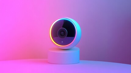 Modern round webcam with colorful neon light on gradient background symbolizing technology and design