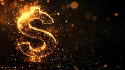 Golden dollar sign glowing with sparkles on dark background symbolizing money wealth success and power
