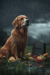Sad dog sitting in rain near grave with flowers symbolizing loss friendship loyalty and deep emotion