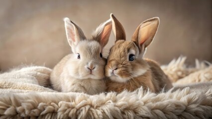 Fototapeta na wymiar A Pair of Adorable Bunnies Huddled Together on a Soft, Fluffy Blanket, Displaying Their Sweet and Gentle Nature
