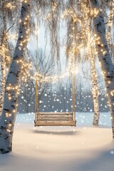 Wooden swing hanging between birch trees with snow and fairy lights creating magical winter scene