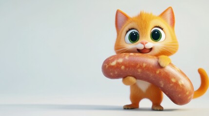 Cute cartoon orange cat holding big sausage with happy face isolated on light background funny scene
