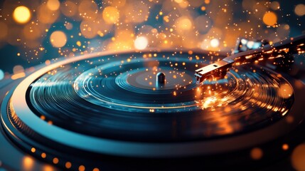 Close up of vinyl record player spinning with warm golden lights creating nostalgic musical atmosphere