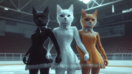 Three anthropomorphic cats in elegant skating outfits standing on ice rink posing with confidence