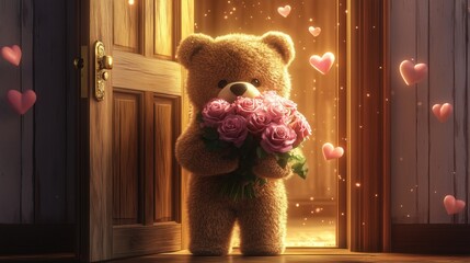 Cute teddy bear standing at door holding pink flowers surrounded by glowing hearts romantic scene