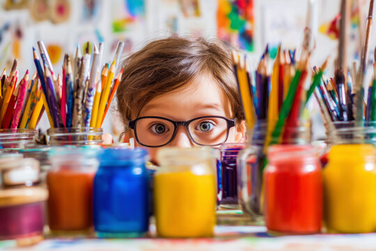 Creative Child Peeking Over Table with Art Supplies and Imagination
