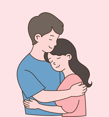 A couple hugging each other warmly. Minimal line illustration design.
