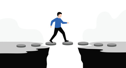 Man stepping on stones crossing a gap symbolizing progress and overcoming challenges