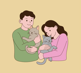 A man and a woman hugging cats. Minimal line illustration design.
