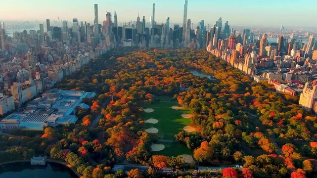 Central Park greenery in autumn with Manhattan skyline in daylight