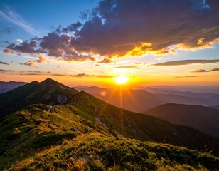 Fototapeta premium Majestic sunset illuminates mountain ridges with golden and blue hues